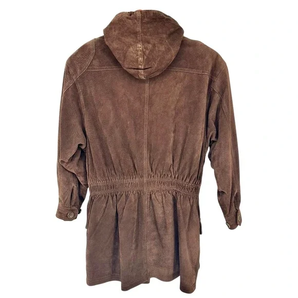 VTG Chocolate Brown Suede Jacket Hooded Leather Parka Oversized Sz S BB Dakota - Picture 5 of 14